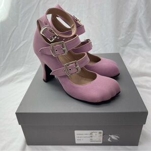 Vivienne Westwood Animal Toe 3-Strap Buckle Heels Lilac Canvas UK 5